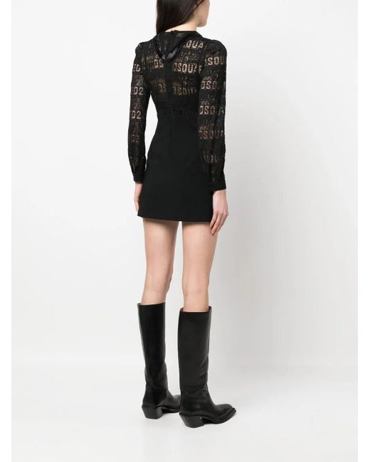 DSquared² Black Logo-Lace Long-Sleeve Minidress
