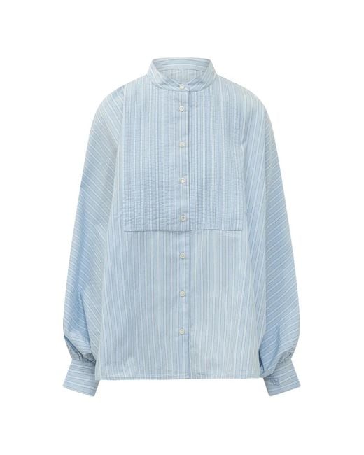SOSUE Blue Antonia Smocked-Detail Striped Blouse