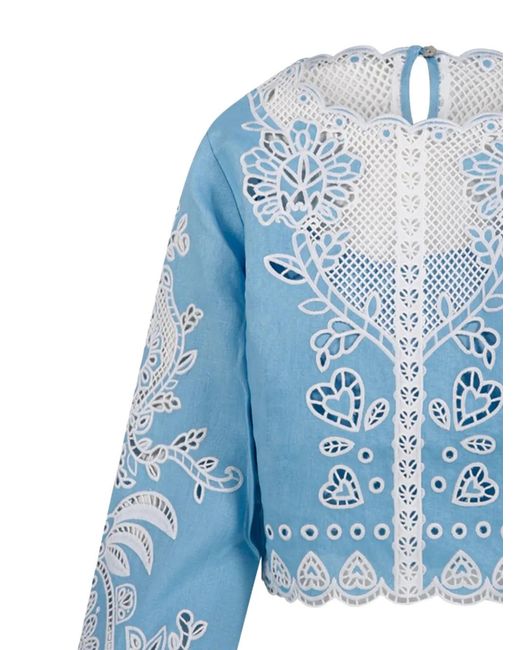 Farm Rio Blue Long-Sleeve Cut-Out Blouse