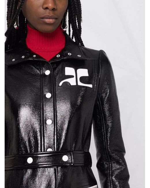 Courreges Black Logo-Appliqué Vinyl Trench Coat