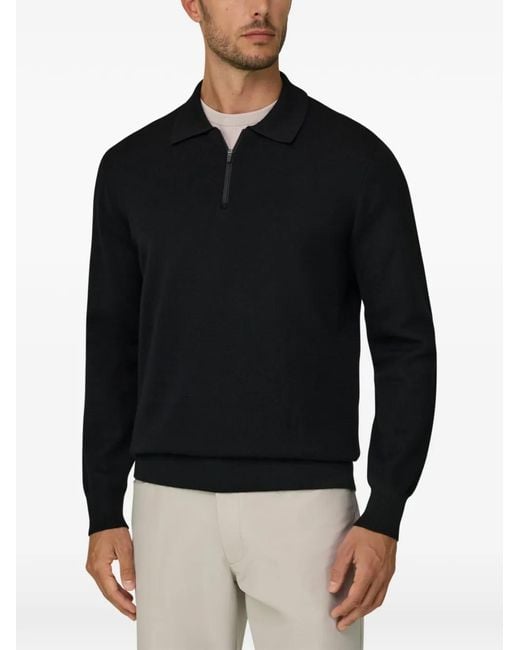 Boggi Black Knitted Polo Shirt Quarter-Zip Wool Blend Wooltech for men