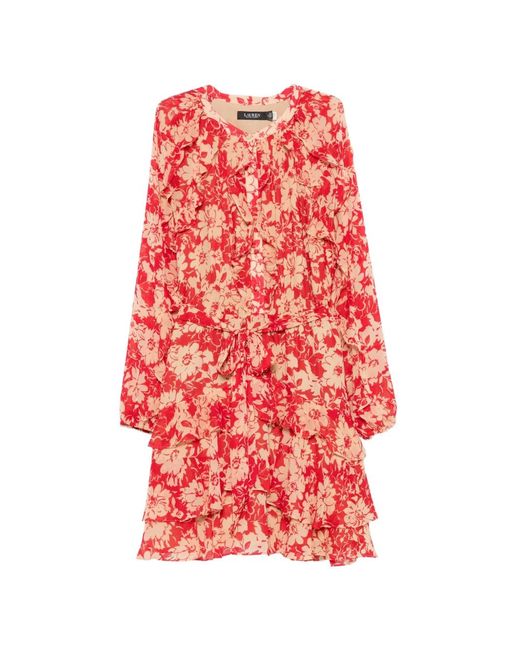 Ralph Lauren Red Floral-Print Ruffled Dress