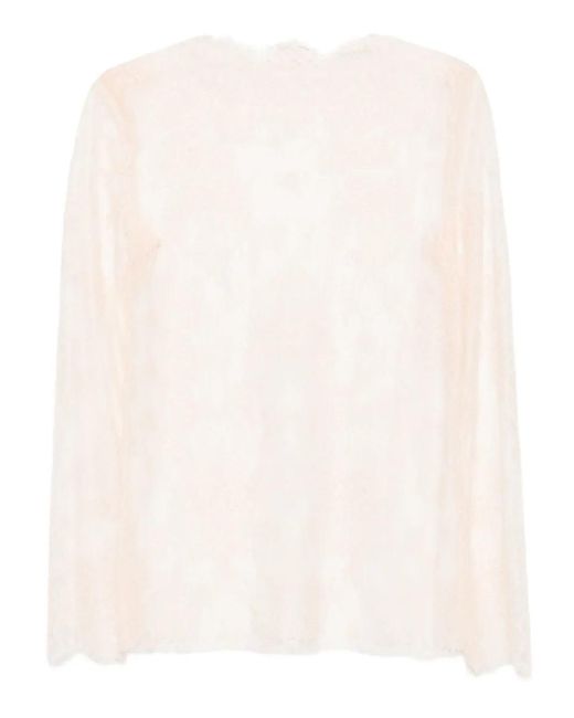 Alberta Ferretti Natural Lace-Trimmed Long-Sleeve Top
