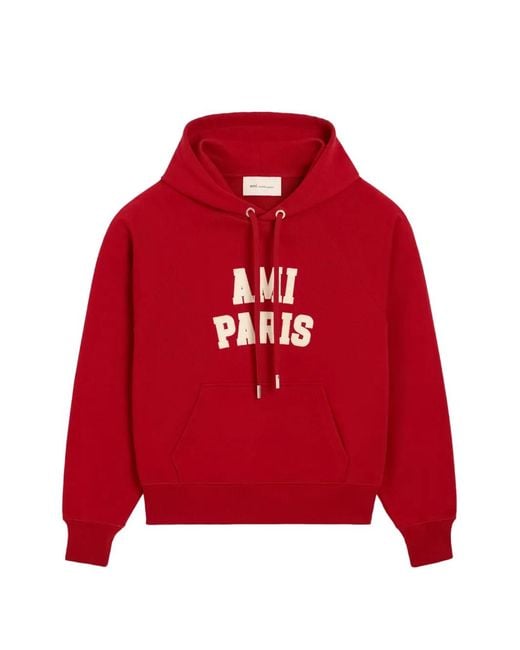 AMI Red Cotton Hoodie With Embroidery