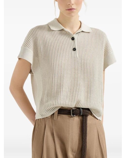 Brunello Cucinelli White Ribbed Polo Top