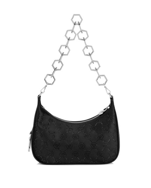 Philipp Plein Black Monogram-Pattern Satin Shoulder Bag