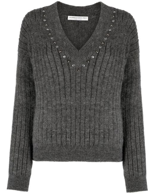 Alessandra Rich Gray Stud-Embellished Ribbed-Knit Jumper