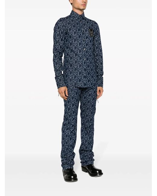 Ludovic de Saint Sernin Blue Monogram-Print Logo-Patch Shirt