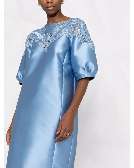 Alberta Ferretti Blue Macramé-Lace Balloon-Sleeve Midi Dress