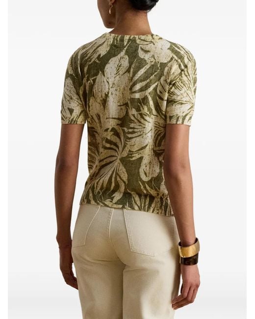 Ralph Lauren White Palm-Frond-Print Short-Sleeve Sweater