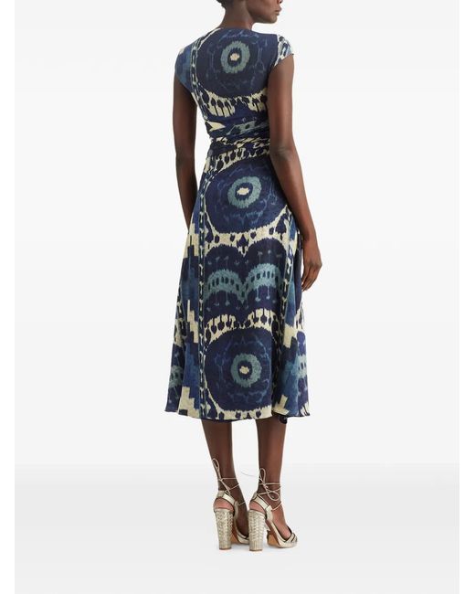 Ralph Lauren Blue Cap-Sleeve Pattern Midi Dress