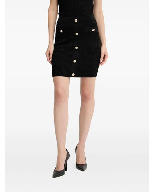 MARCIANO BY GUESS Black Button-Detail Ribbed Mini Skirt