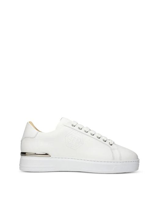 Philipp Plein White Hexagon Logo-Debossed Leather Sneakers for men