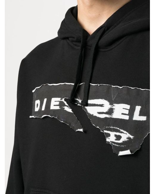 DIESEL Black Ripped Logo Print Hoodie for men