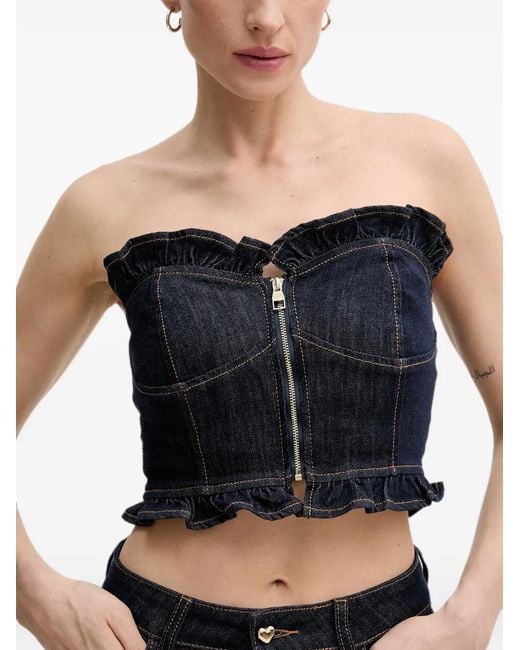 GAUDI Blue Ruffled-Trim Zip-Up Corset Top