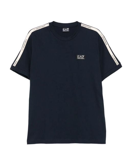 EA7 Blue Logo-Patch Stripe-Detail T-Shirt for men