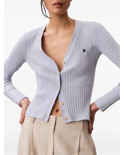 Calvin Klein Blue Ribbed-Knit Logo-Patch Cardigan