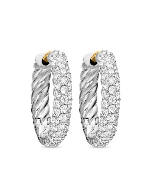 David Yurman White Sterling Petite Pavé Diamond Huggie Hoop Earrings (14Mm)