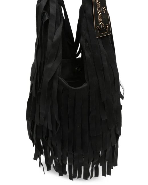 La Milanesa Black Small Aretha Fringe-Detail Shoulder Bag