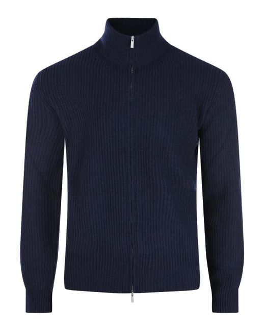 Lardini Men's Blue Ribbed Zip-Up Sweater