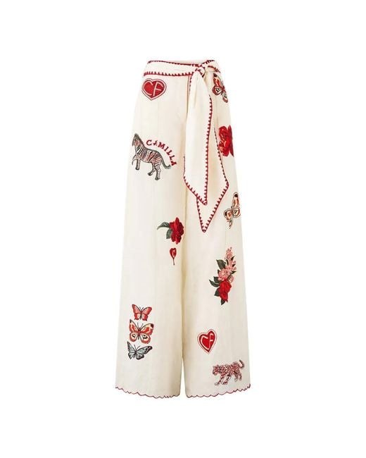 Camilla White Embroidered-Details Scarf-Belt Wide-Leg Linen Trousers