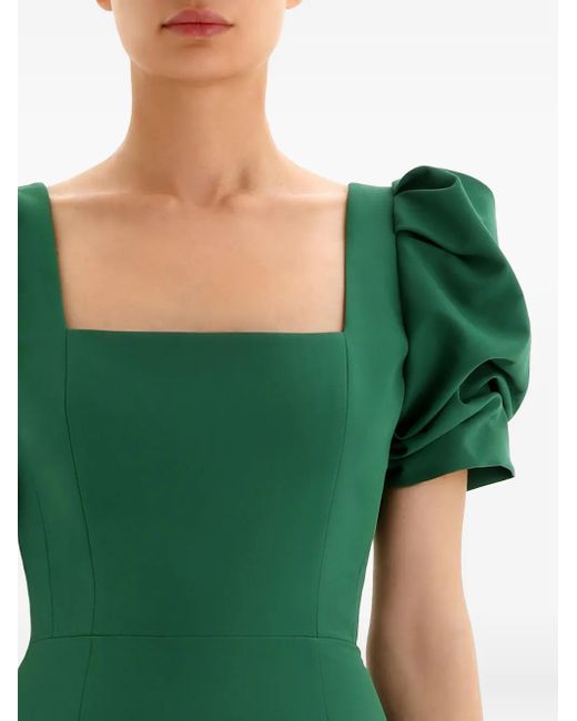 POST MERIDIEM Green Puff-Sleeve Square-Neck Midi Dress