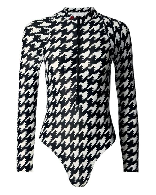 Perfect Moment Black Houndstooth Long-Sleeve Half-Zip Swimsuit