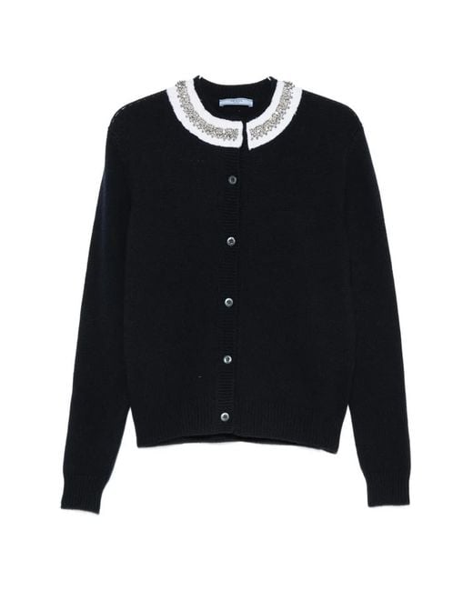 Prada Blue Crystal-Embellished Ruffled-Collar Cardigan