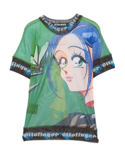 OTTOLINGER Green Anime-Print Mesh Top