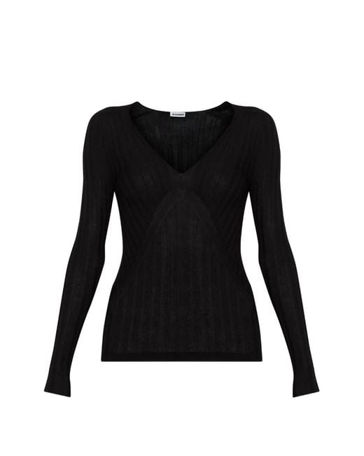 Jil Sander Black Ribbed-Knit V-Neck Sweater