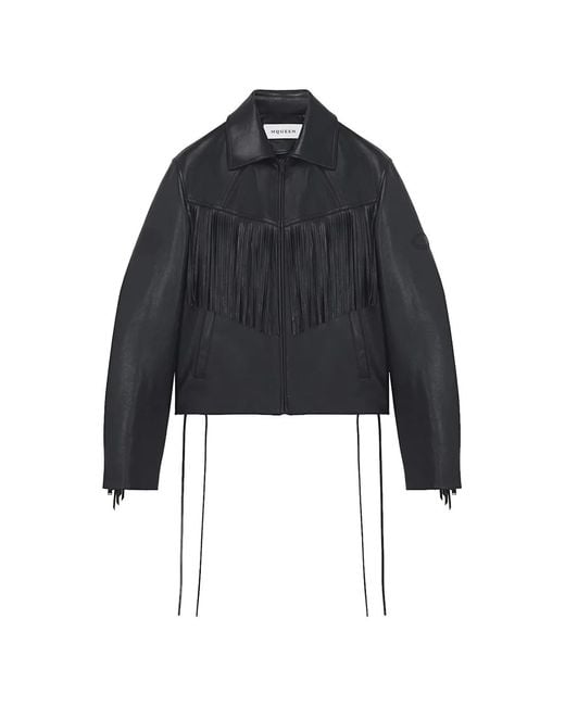 McQueen Blue Fringe-Detail Leather Jacket for men