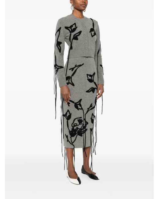 Erdem Gray Floral-Embroidered Tie-Detail Cardigan