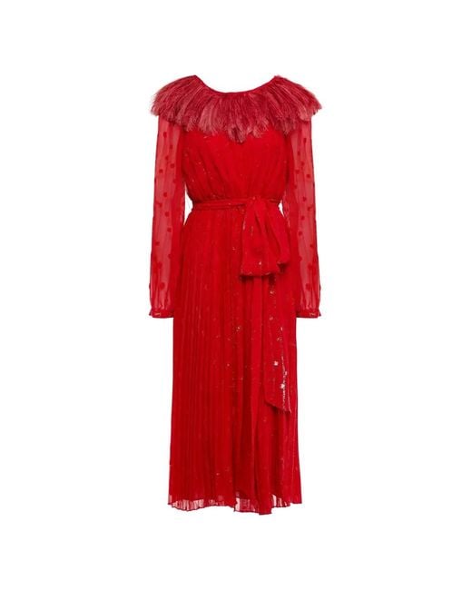 Valentino Garavani Red Feather-Trimmed Fil Coupé Midi Dress