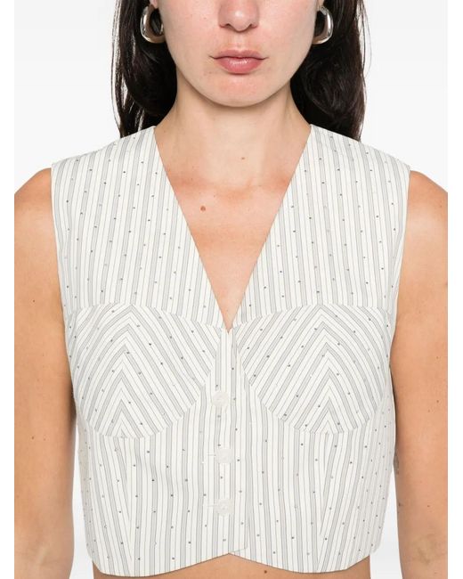Sandro White Striped Rhinestone-Embellished Crop Top