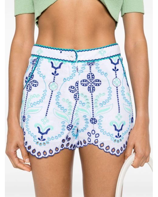 Charo Ruiz Blue Mason Floral-embroidered Shorts