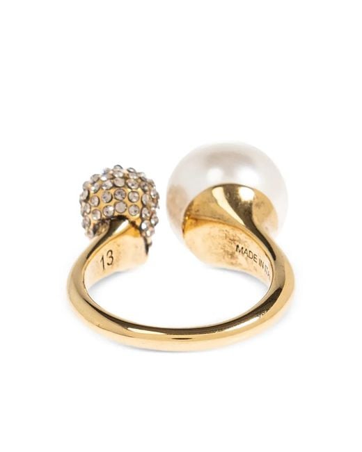 Alexander McQueen White Pearl-Embellished Skull Ring