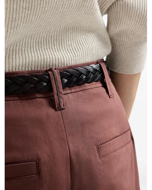 Brunello Cucinelli Brown Pantalon De Cigarette En Twill De Coton Stretch Avec Monili