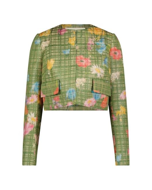 Lela Rose Green Floral-Print Raffia Jacket