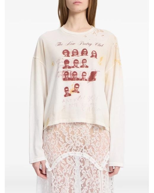 Ann Demeulemeester White Distressed Graphic-Print T-Shirt