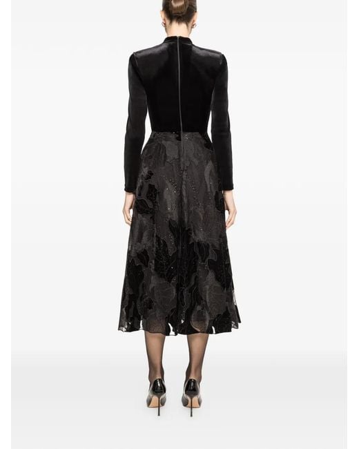 Nissa Black Embroidered Velvet Midi Dress