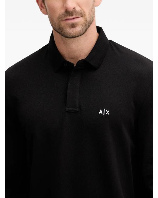 ARMANI EXCHANGE Black Logo-Embroidered Long-Sleeve Polo Shirt for men
