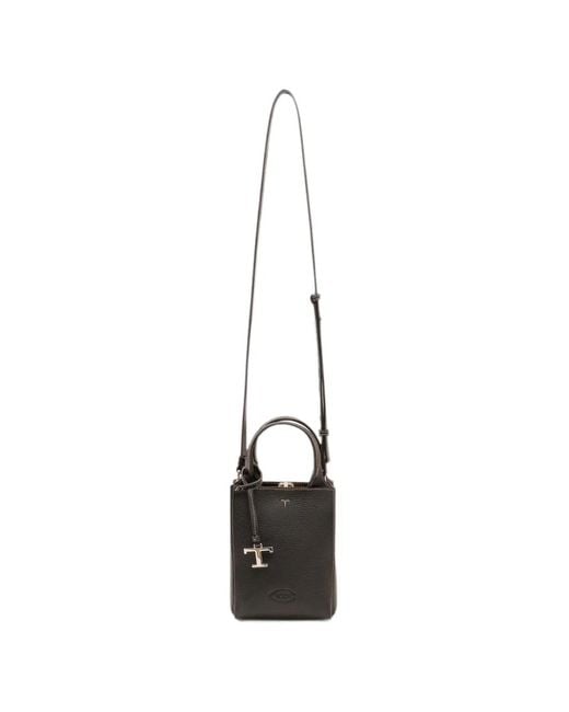 Tod's Black Logo-Pendant Grained-Leather Tote Bag