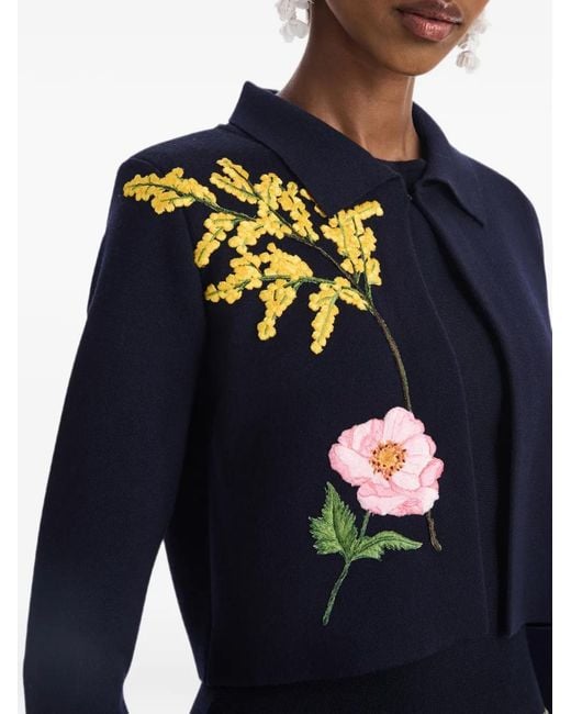 Oscar de la Renta Blue Botanical-Embroidery Cropped Jacket
