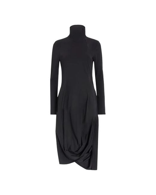 High Black Scattering Mock-Neck Asymmetric Draped Mid-Length Dress