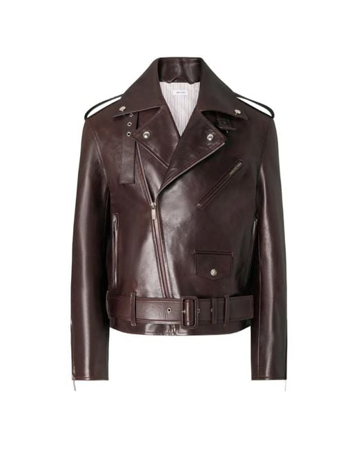 Thom Browne Brown Belted Leather Biker Jacket for men
