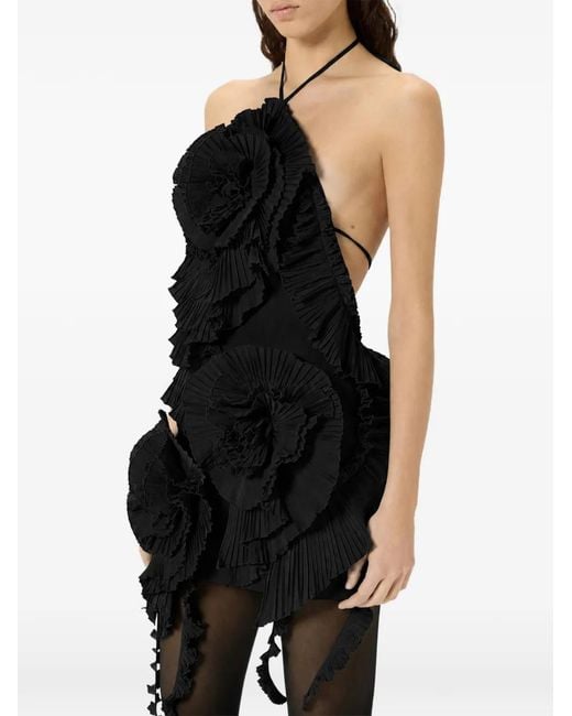Blumarine Black Pleated-Rose Taffeta Mini Dress
