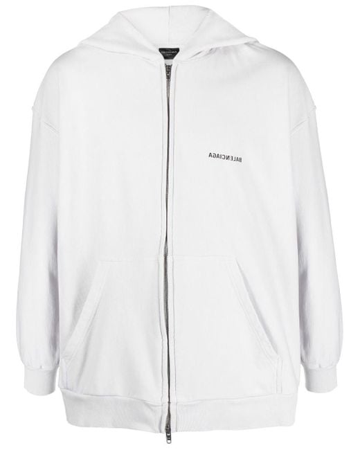 Balenciaga Reverse-logo Zip-up Hoodie in White for Men | Lyst