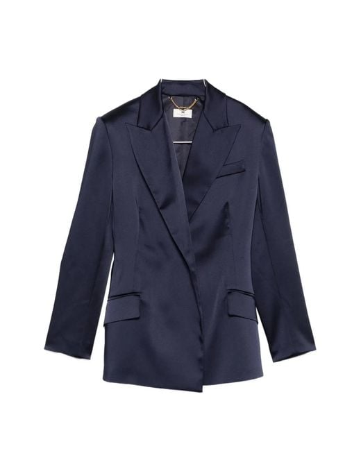 Elisabetta Franchi Blue Satin-Finish Belted Blazer