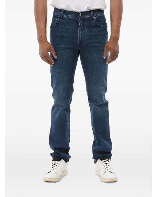 Corneliani Blue Logo-Embroidered Washed Jeans for men