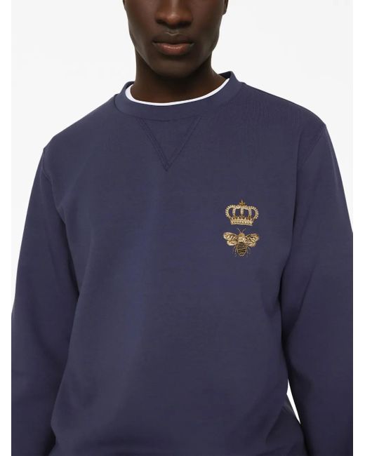 Dolce & Gabbana Blue Bee-Embroidered Cotton Sweatshirt for men